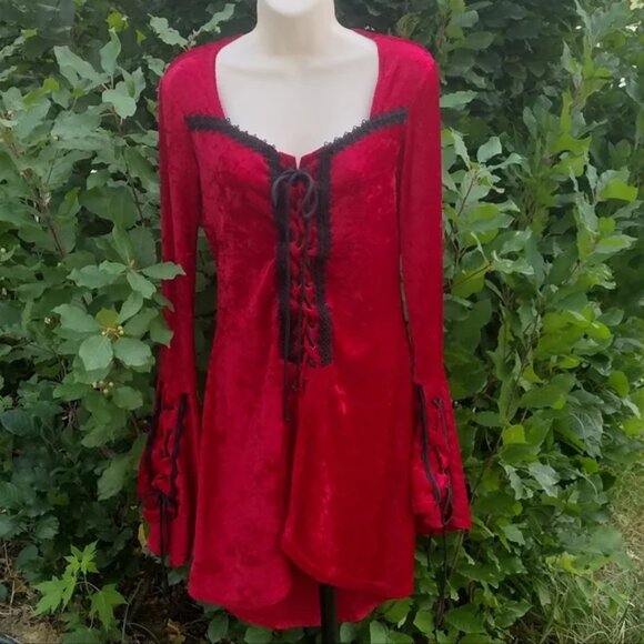 90s Lip Service Hi Low Red Velvet Laced Top with Bell Sleeves Small - Picture 1 of 14